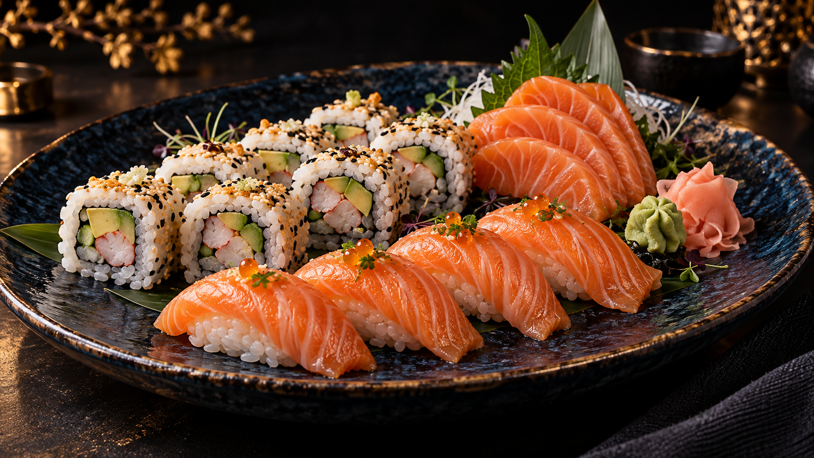 Een assortiment sushi op een donkerblauw bord